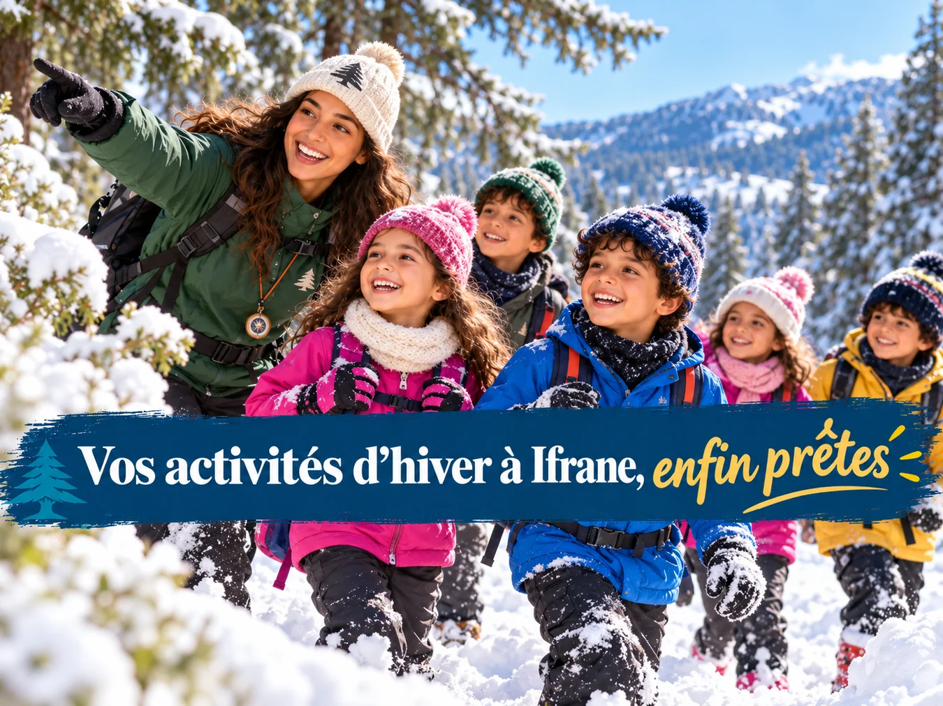 Affiche de campagne illustrant des activités hivernales encadrées pour enfants à Ifrane