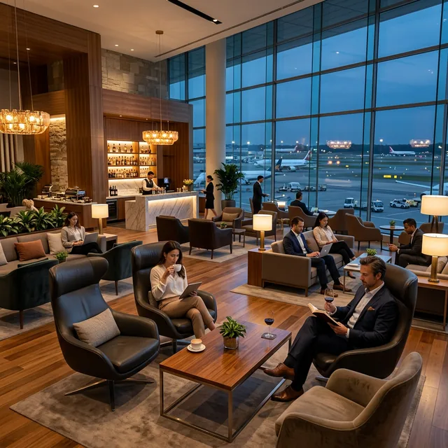 Espace salon d’aéroport confortable avec vue sur les pistes