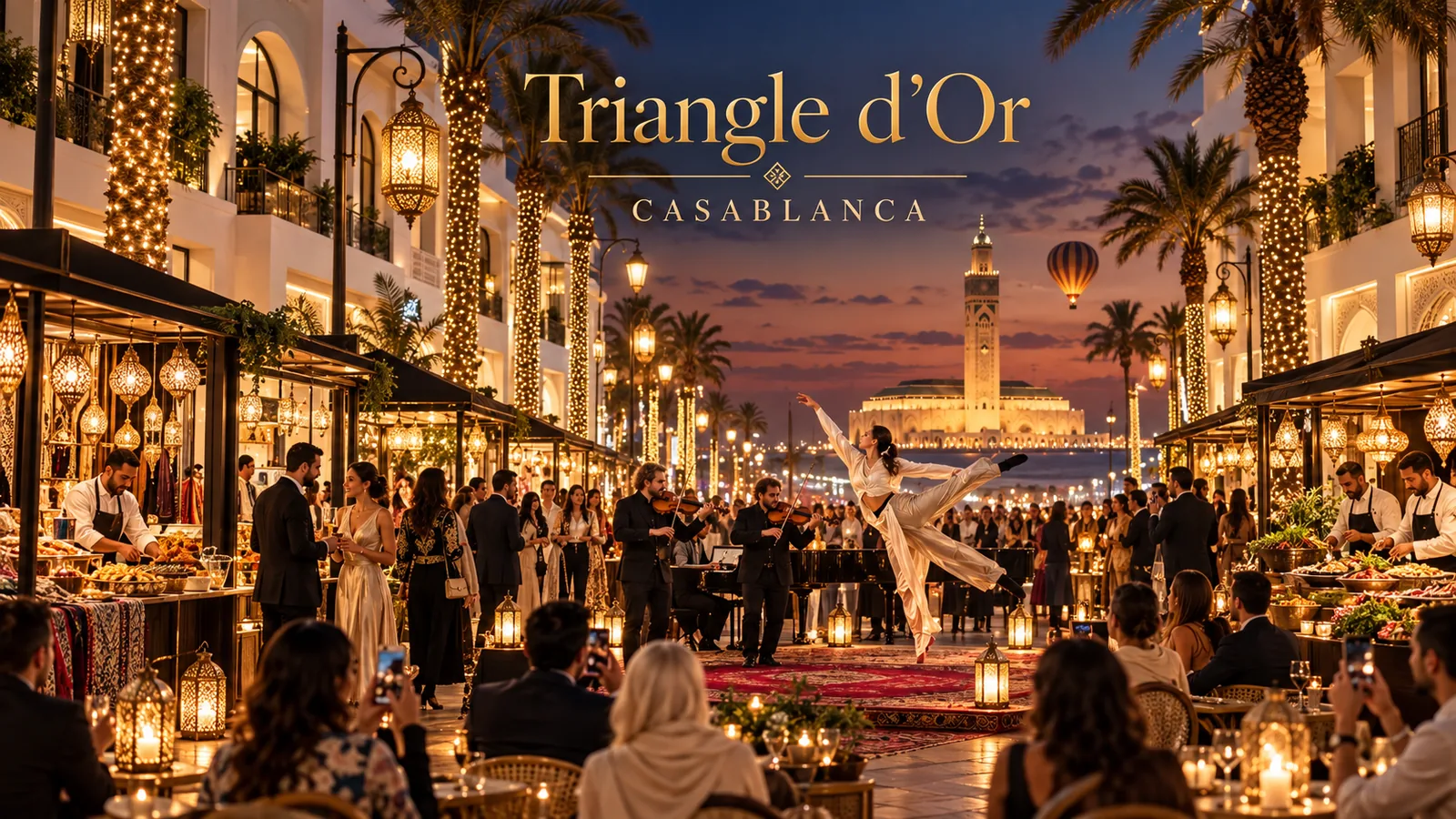 Concept visuel d’une promenade festive à Casablanca, avec spectacle et stands gastronomiques